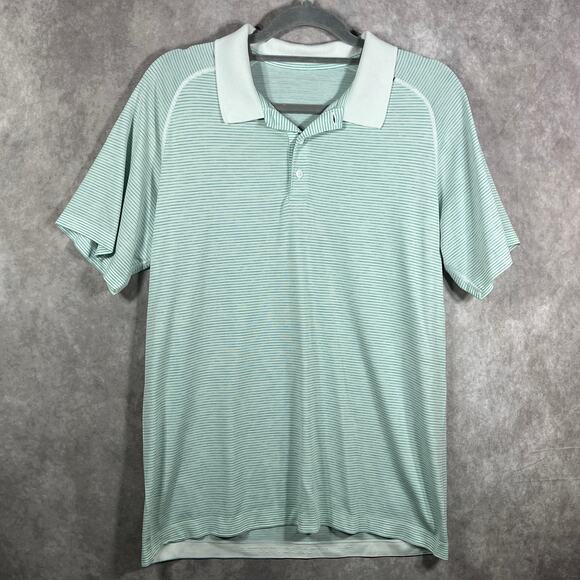 Lululemon Metal Vent Tech‎ Polo Shirt Mens Blue Green Striped Outdoor Athleisure - Picture 2 of 8